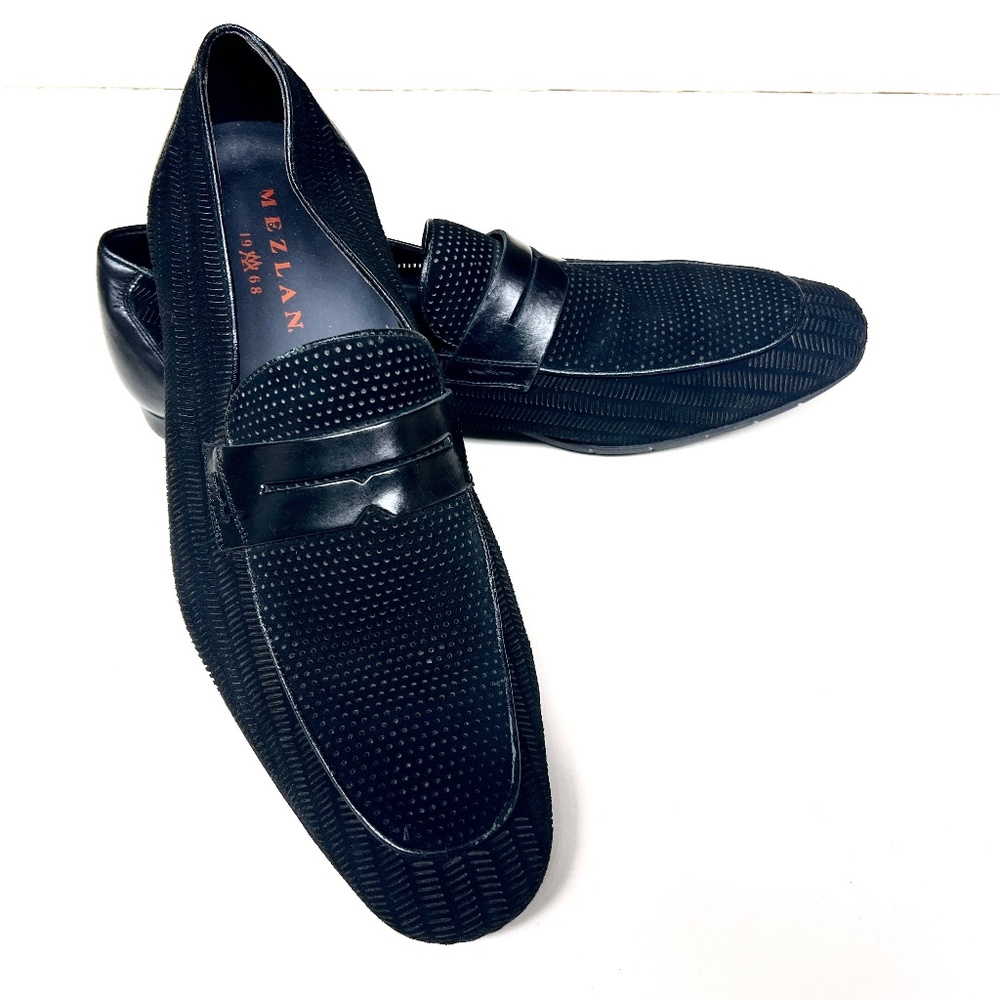 Mezlan "Rogier" 5890 Black Genuine Burnished Patterned Suede Penny Loafer 12D - Picture 3 of 12